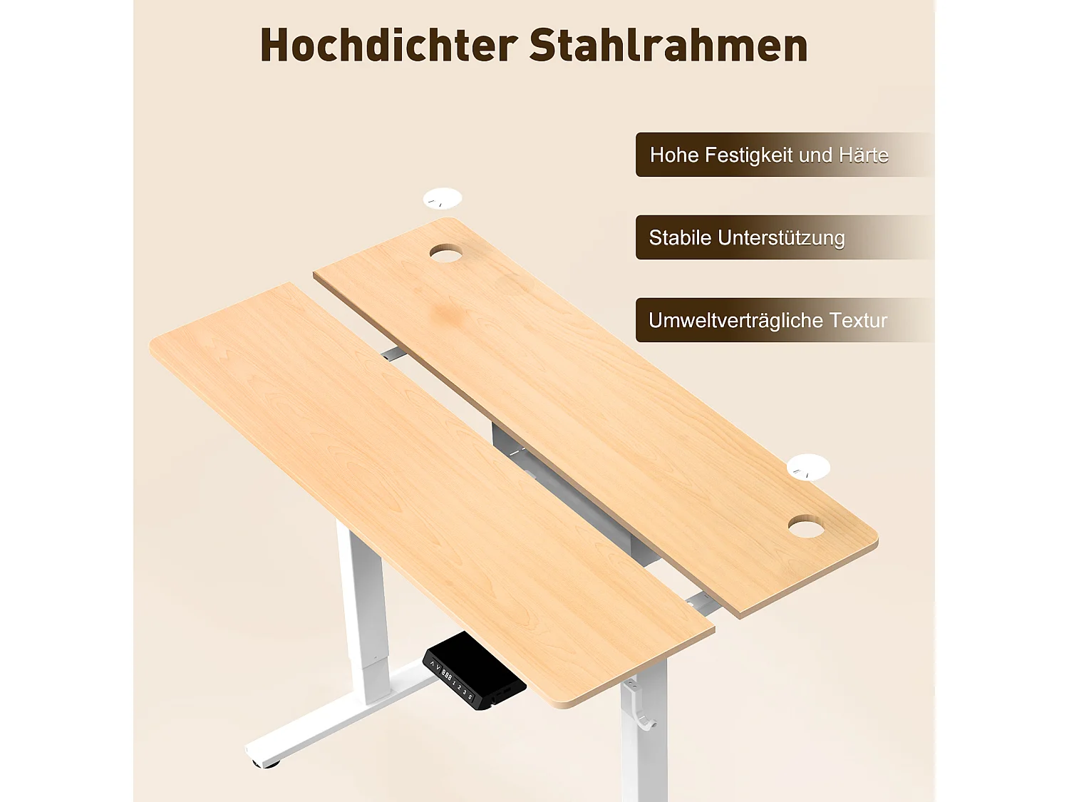 Elektrisch höhenverstellbarer Schreibtisch 140x70 cm – Höhenverstellbar – Mit Speicherfunktion & Kollisionsschutz – USB-A- & Typ-C-Anschlüsse – Farbe Naturholz