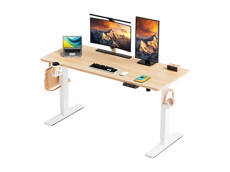 Elektrisch höhenverstellbarer Schreibtisch 140x70 cm – Höhenverstellbar – Mit Speicherfunktion & Kollisionsschutz – USB-A- & Typ-C-Anschlüsse – Farbe Naturholz