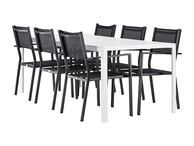 Break tuinmeubelset tafel 90x205cm wit, 6 stoelen zwart.