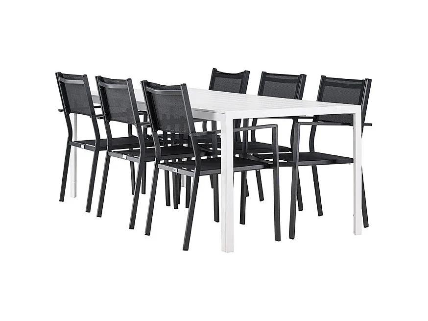 Break set de jardin table 90x205cm blanc, 6 chaises noires.