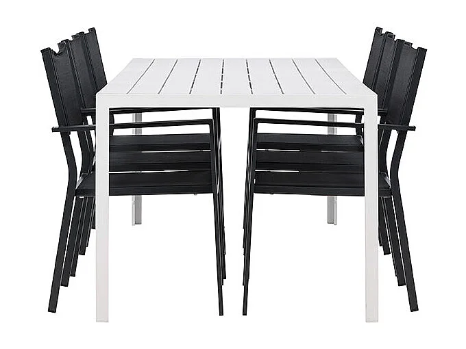 Break set de jardin table 90x205cm blanc, 6 chaises noires.