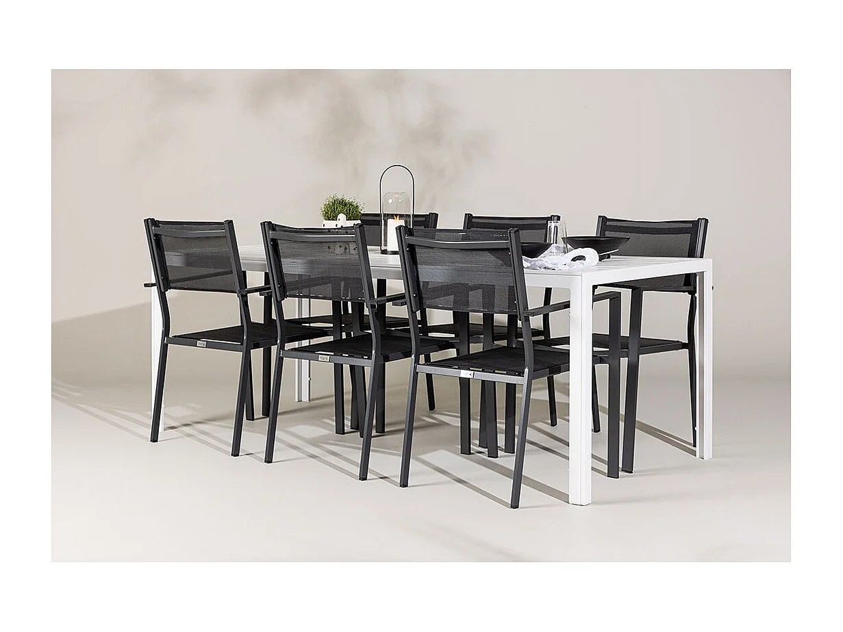 Break set de jardin table 90x205cm blanc, 6 chaises noires.