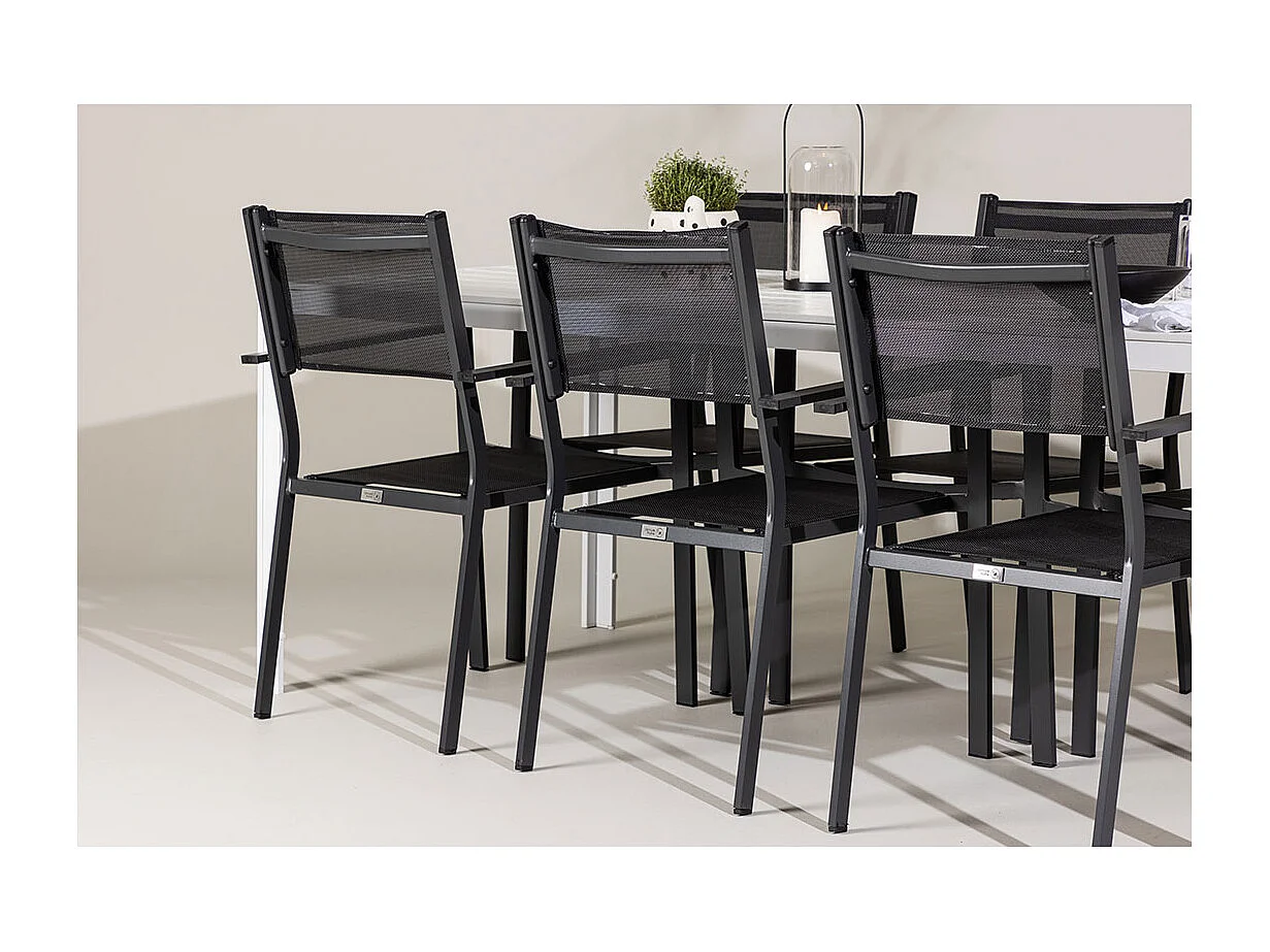 Break set de jardin table 90x205cm blanc, 6 chaises noires.