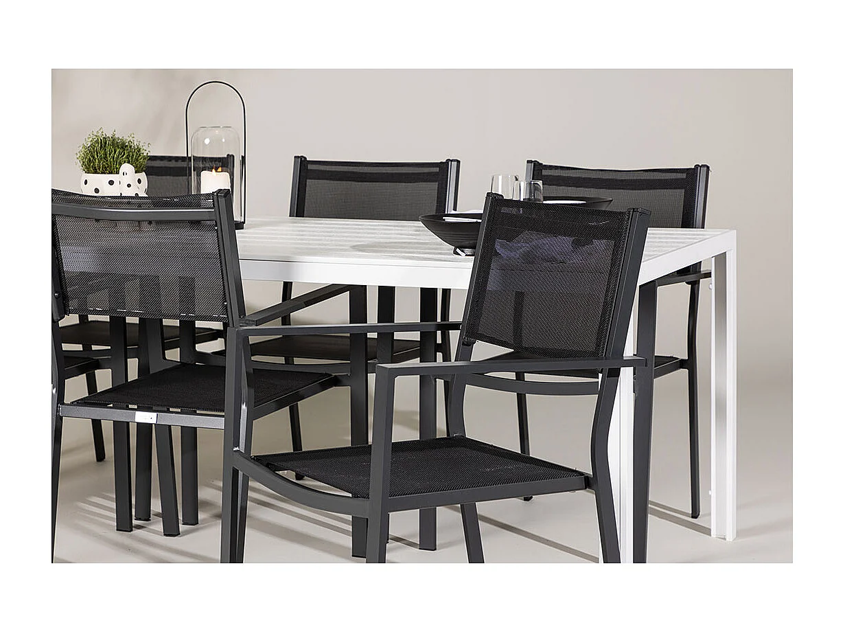 Break set de jardin table 90x205cm blanc, 6 chaises noires.