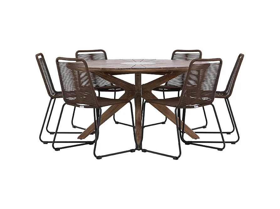 Rosario set de jardin table Ø140cm brun, 6 chaises brunes.