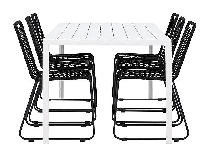 Break set de jardin table 90x205cm blanc, 6 chaises noires.