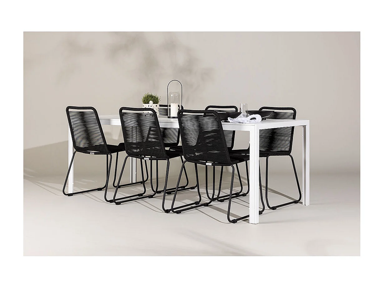 Break set de jardin table 90x205cm blanc, 6 chaises noires.