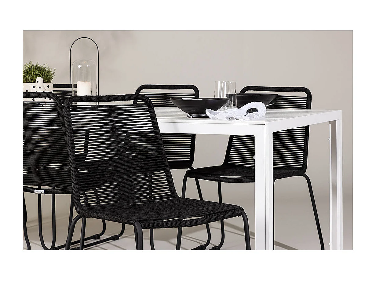 Break set de jardin table 90x205cm blanc, 6 chaises noires.
