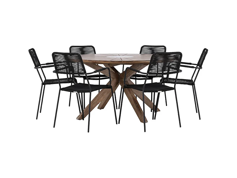 Rosario set de jardin table Ø140cm brun, 6 chaises noires.