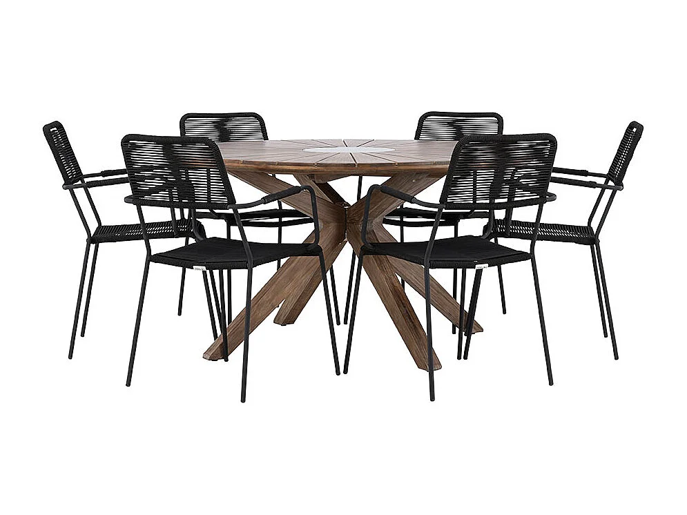 Rosario set de jardin table Ø140cm brun, 6 chaises noires.