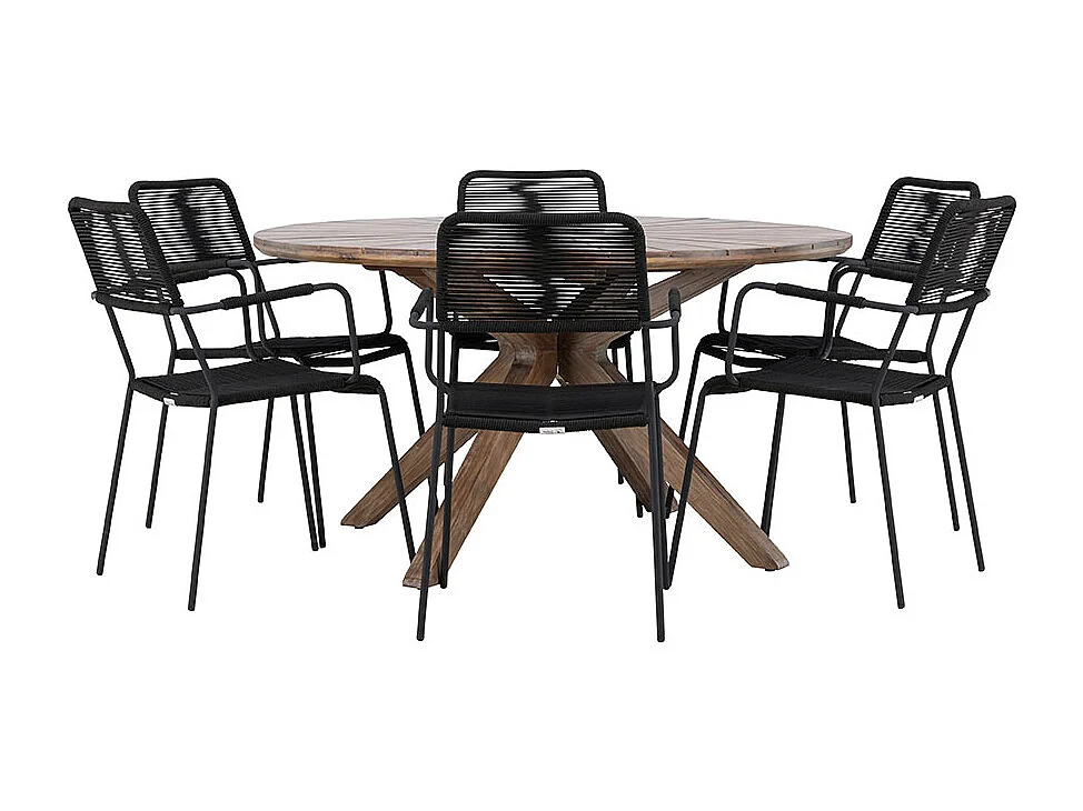 Rosario set de jardin table Ø140cm brun, 6 chaises noires.