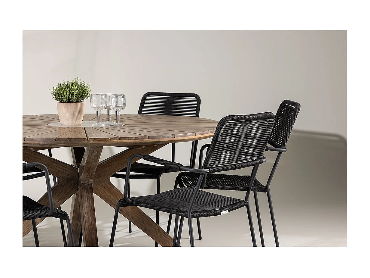Rosario set de jardin table Ø140cm brun, 6 chaises noires.