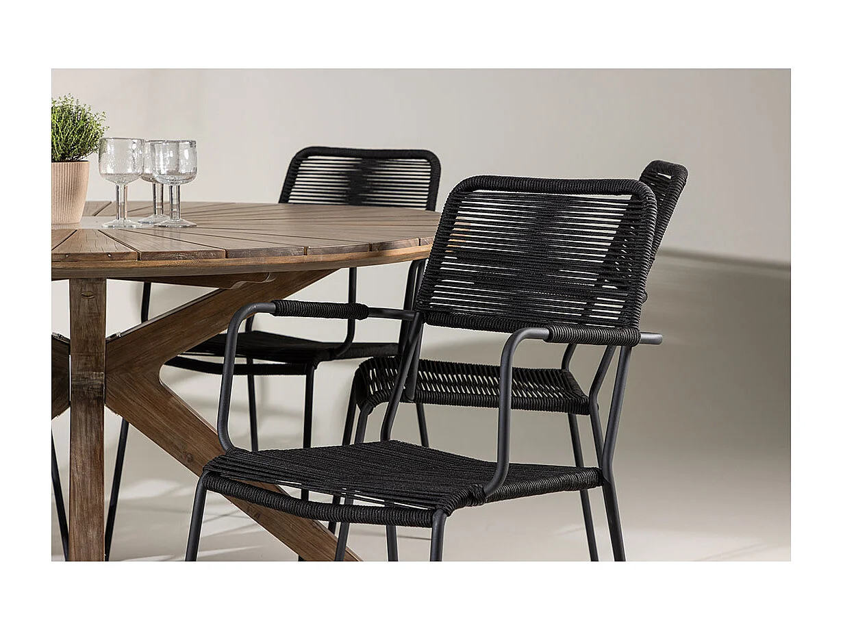 Rosario set de jardin table Ø140cm brun, 6 chaises noires.
