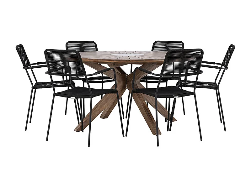 Rosario set de jardin table Ø140cm brun, 6 chaises noires.