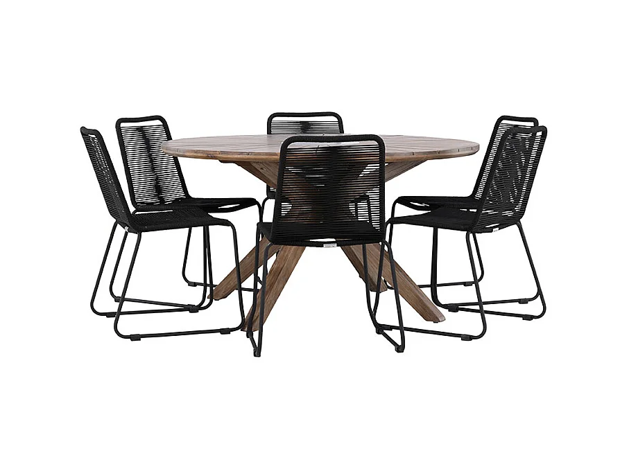 Rosario set de jardin table Ø140cm brun, 6 chaises noires.