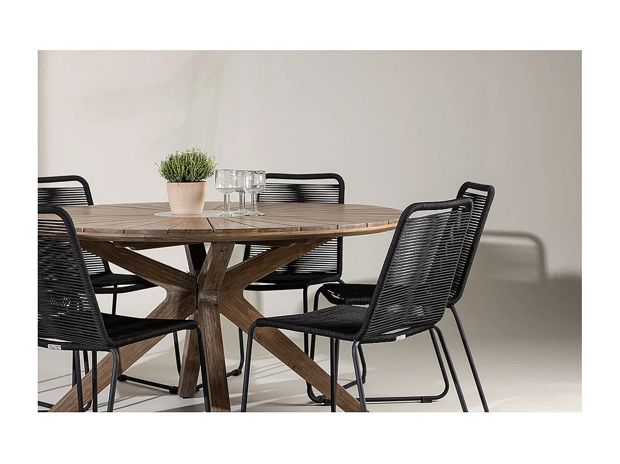 Rosario set de jardin table Ø140cm brun, 6 chaises noires.