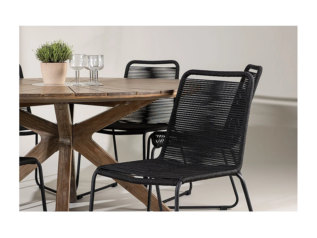Rosario set de jardin table Ø140cm brun, 6 chaises noires.