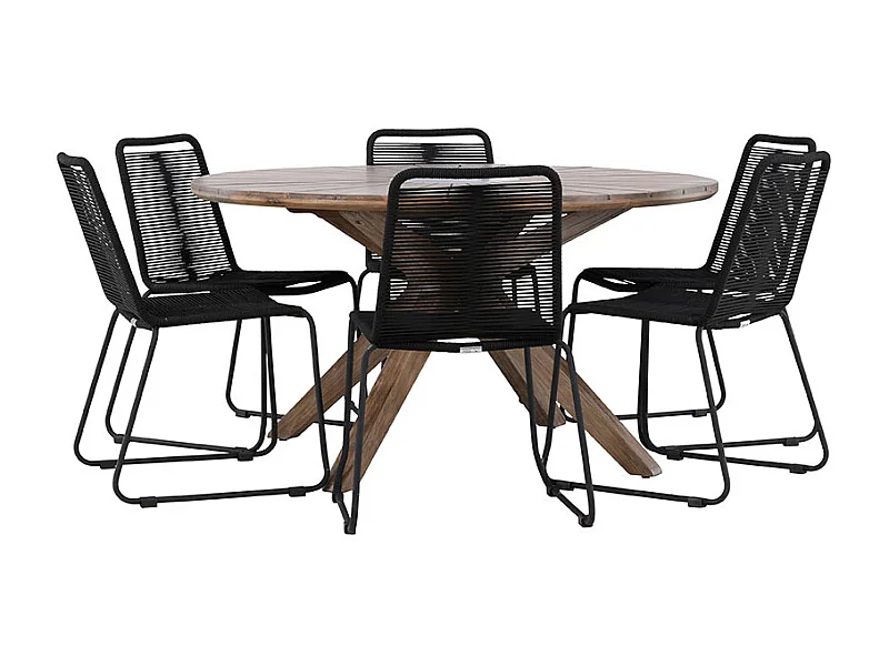 Rosario set de jardin table Ø140cm brun, 6 chaises noires.