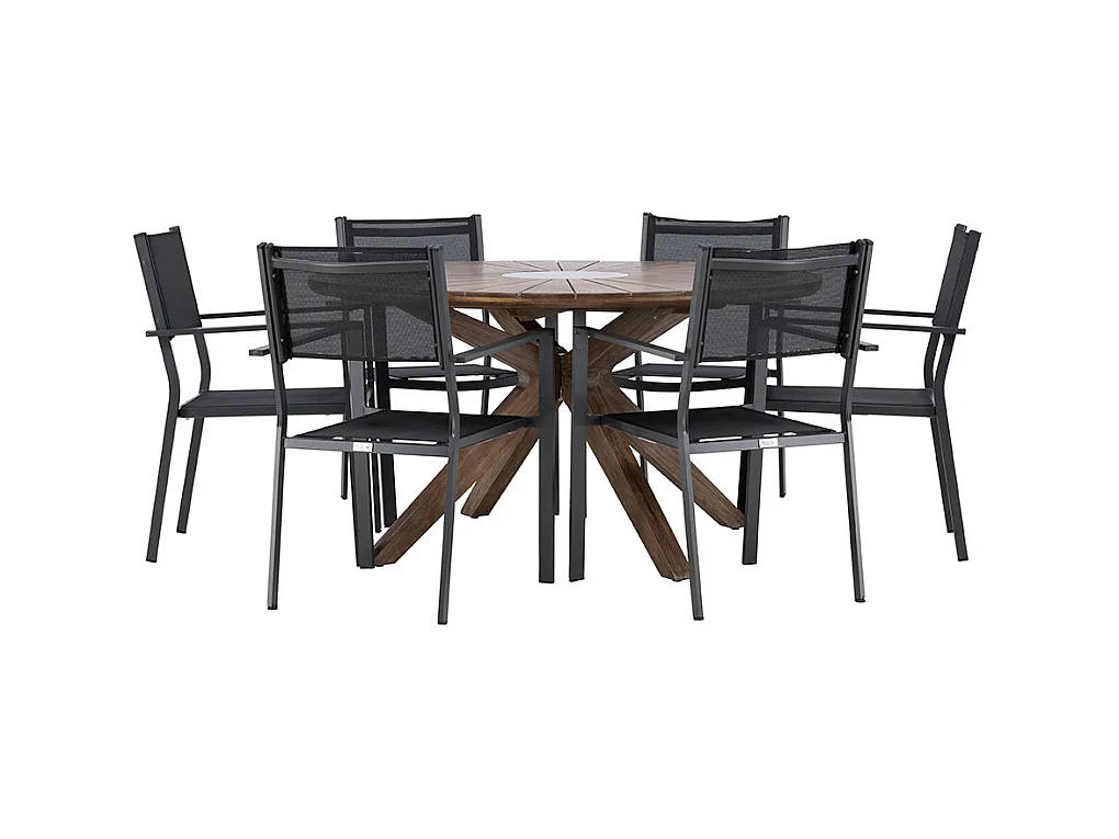 Rosario set de jardin table Ø140cm brun, 6 chaises noires.