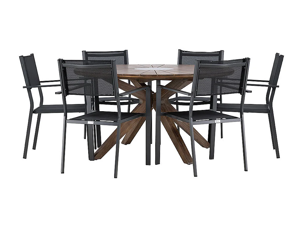 Rosario set de jardin table Ø140cm brun, 6 chaises noires.