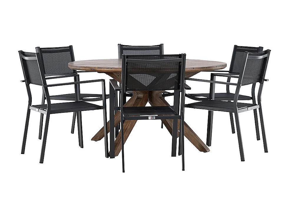 Rosario set de jardin table Ø140cm brun, 6 chaises noires.