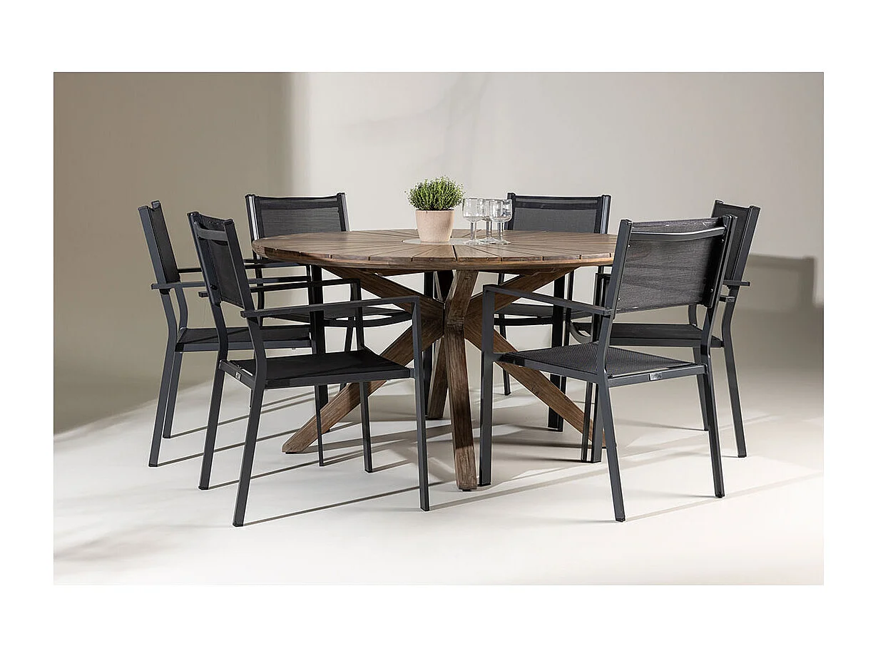 Rosario set de jardin table Ø140cm brun, 6 chaises noires.