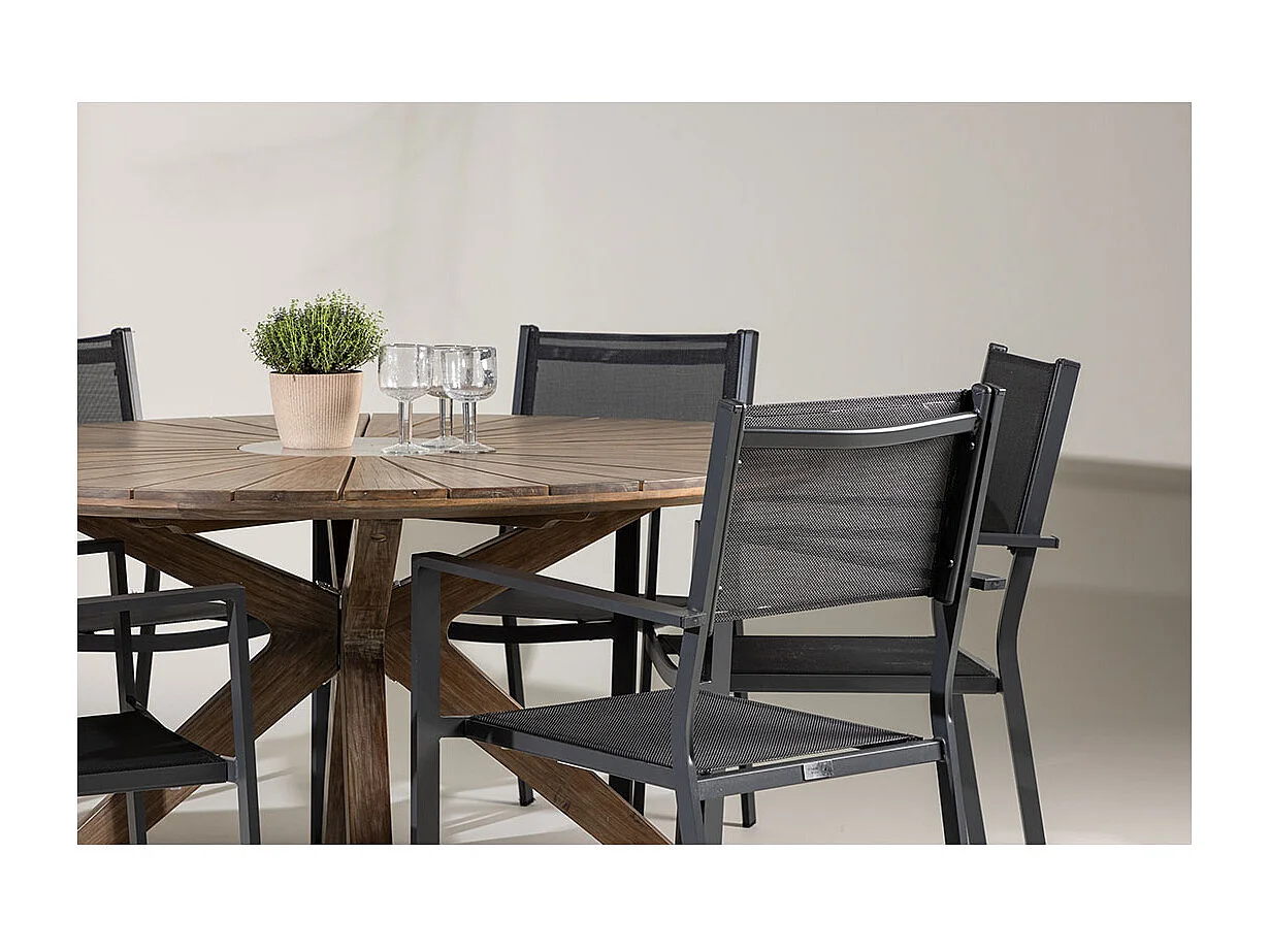 Rosario set de jardin table Ø140cm brun, 6 chaises noires.