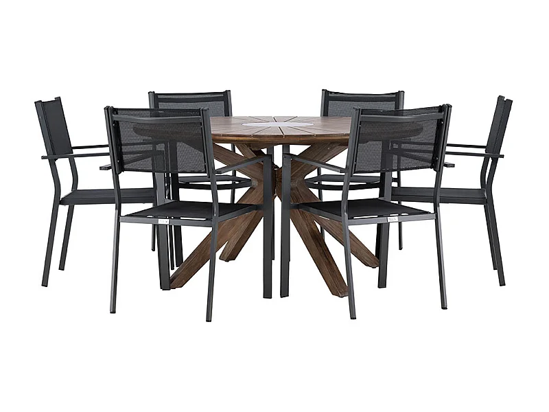 Rosario set de jardin table Ø140cm brun, 6 chaises noires.