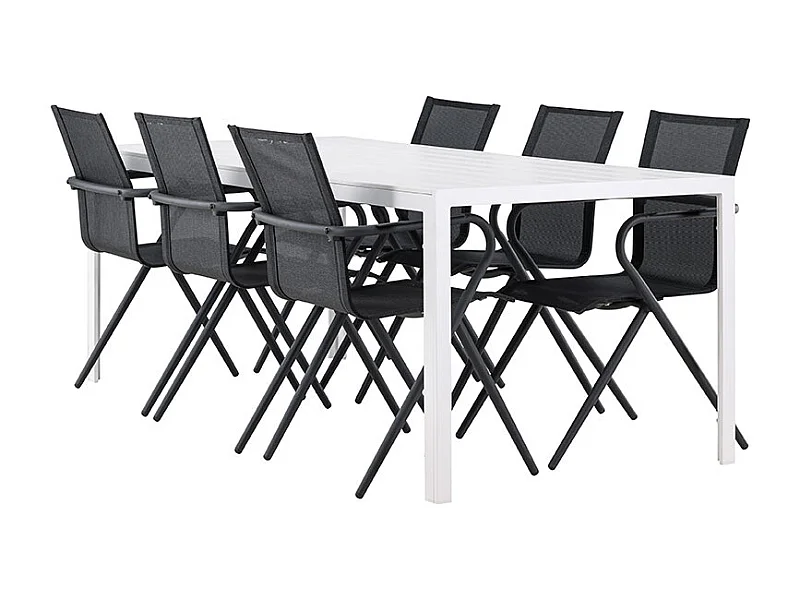 Break tuinmeubelset tafel 90x205cm wit, 6 stoelen zwart.