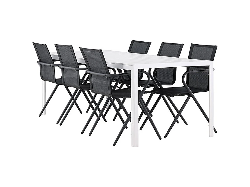 Break set de jardin table 90x205cm blanc, 6 chaises noires.