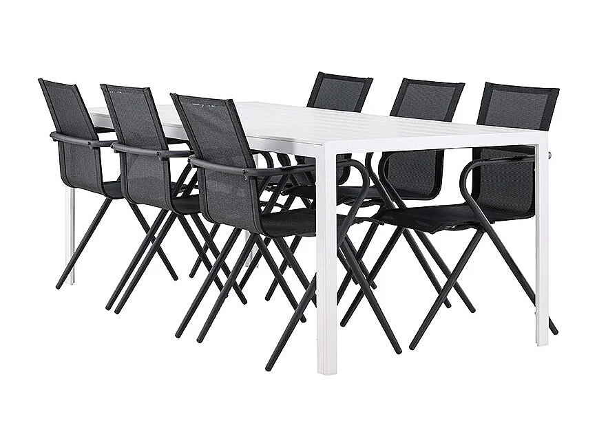 Break set de jardin table 90x205cm blanc, 6 chaises noires.