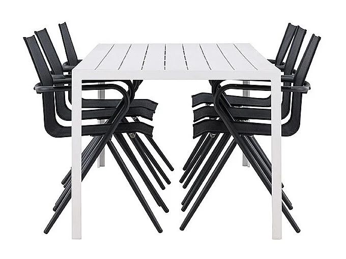 Break set de jardin table 90x205cm blanc, 6 chaises noires.