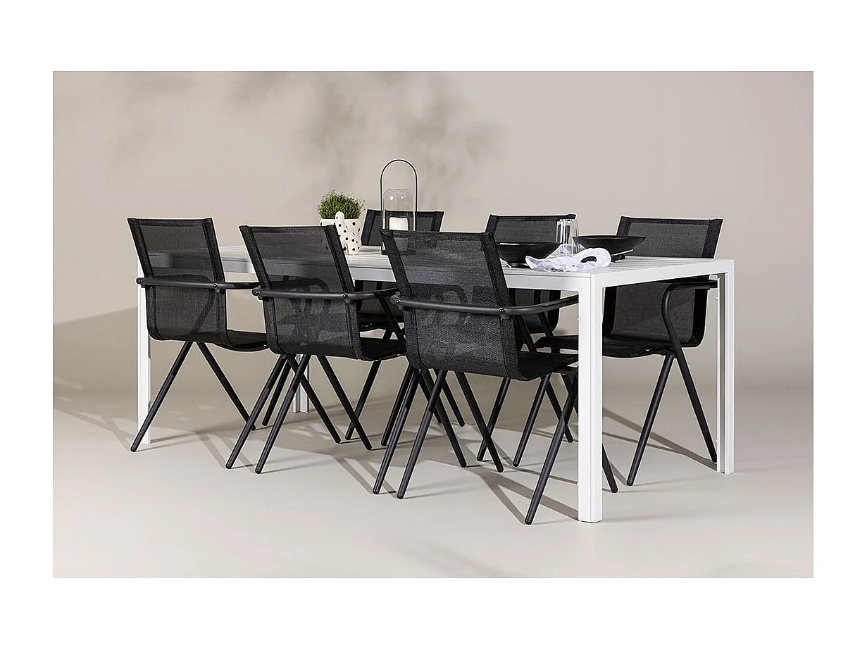 Break set de jardin table 90x205cm blanc, 6 chaises noires.