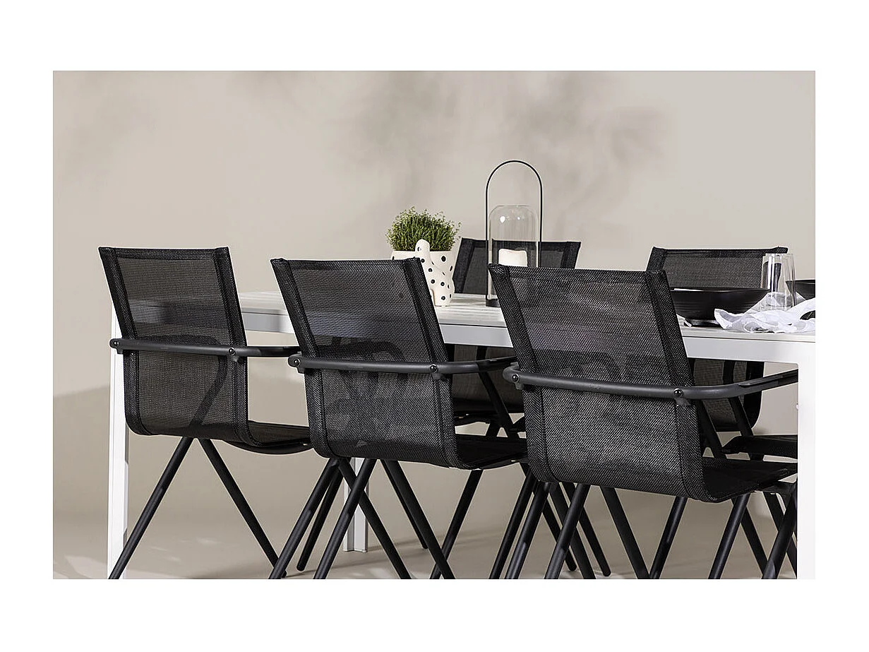 Break set de jardin table 90x205cm blanc, 6 chaises noires.