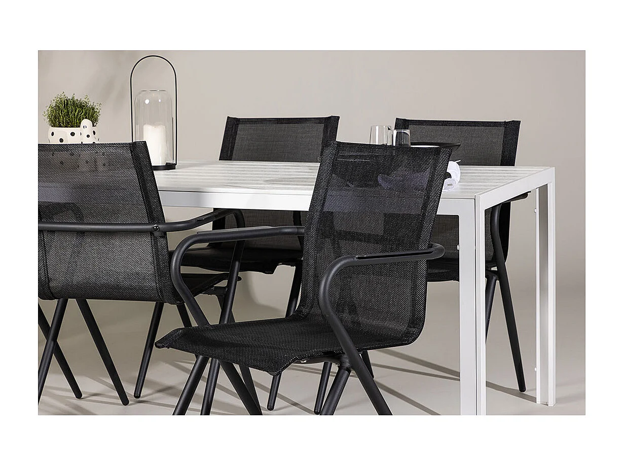 Break set de jardin table 90x205cm blanc, 6 chaises noires.