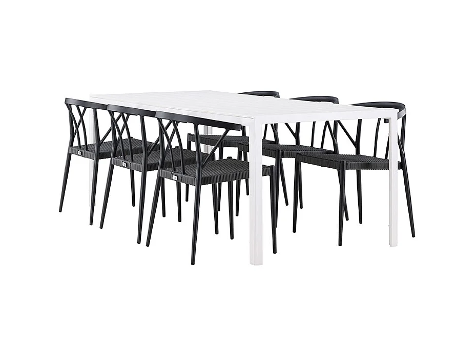 Break tuinmeubelset tafel 90x205cm wit, 6 stoelen zwart.
