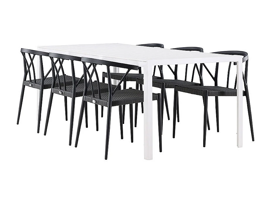 Break set de jardin table 90x205cm blanc, 6 chaises noires.