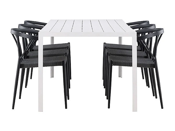Break set de jardin table 90x205cm blanc, 6 chaises noires.