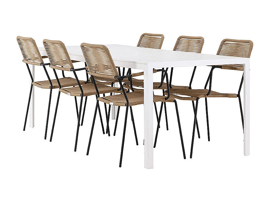 Break tuinmeubelset tafel 90x205cm wit, 6 stoelen bruin.