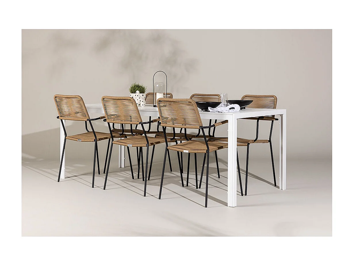 Break tuinmeubelset tafel 90x205cm wit, 6 stoelen bruin.