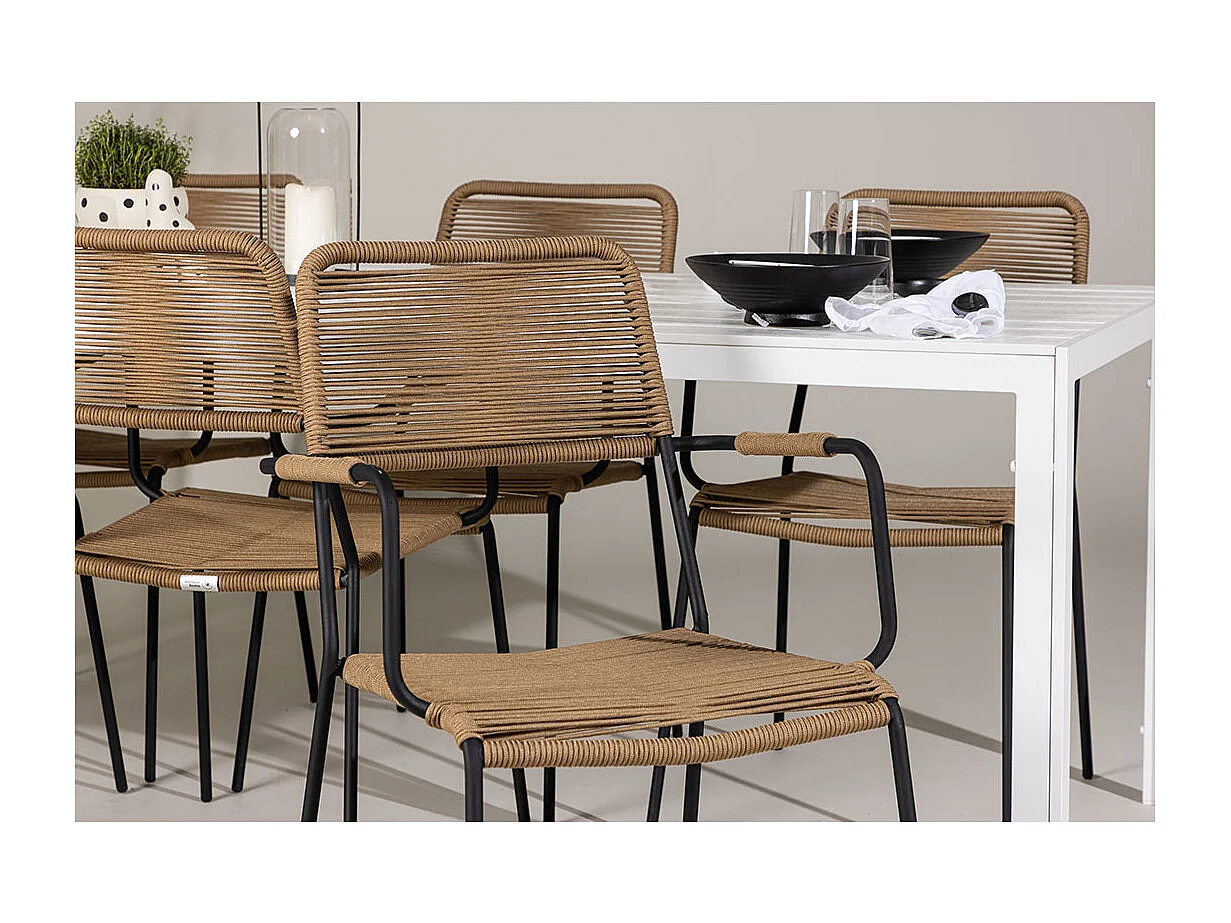 Break tuinmeubelset tafel 90x205cm wit, 6 stoelen bruin.