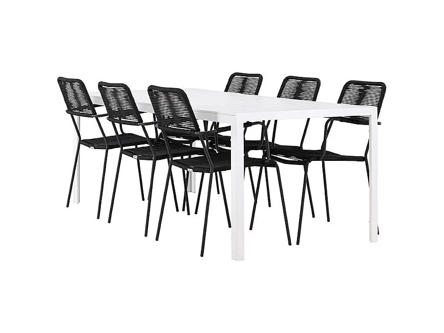 Break set de jardin table 90x205cm blanc, 6 chaises noires.