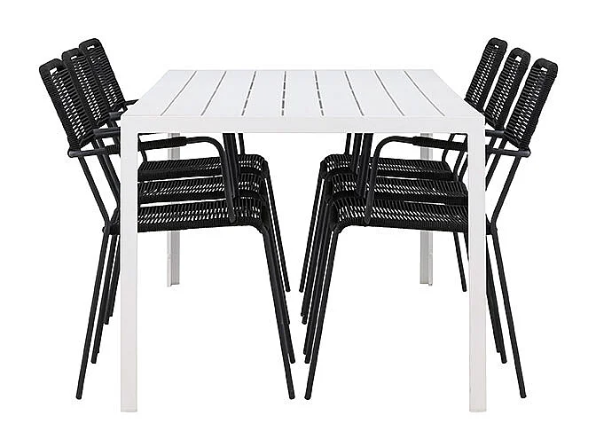 Break set de jardin table 90x205cm blanc, 6 chaises noires.