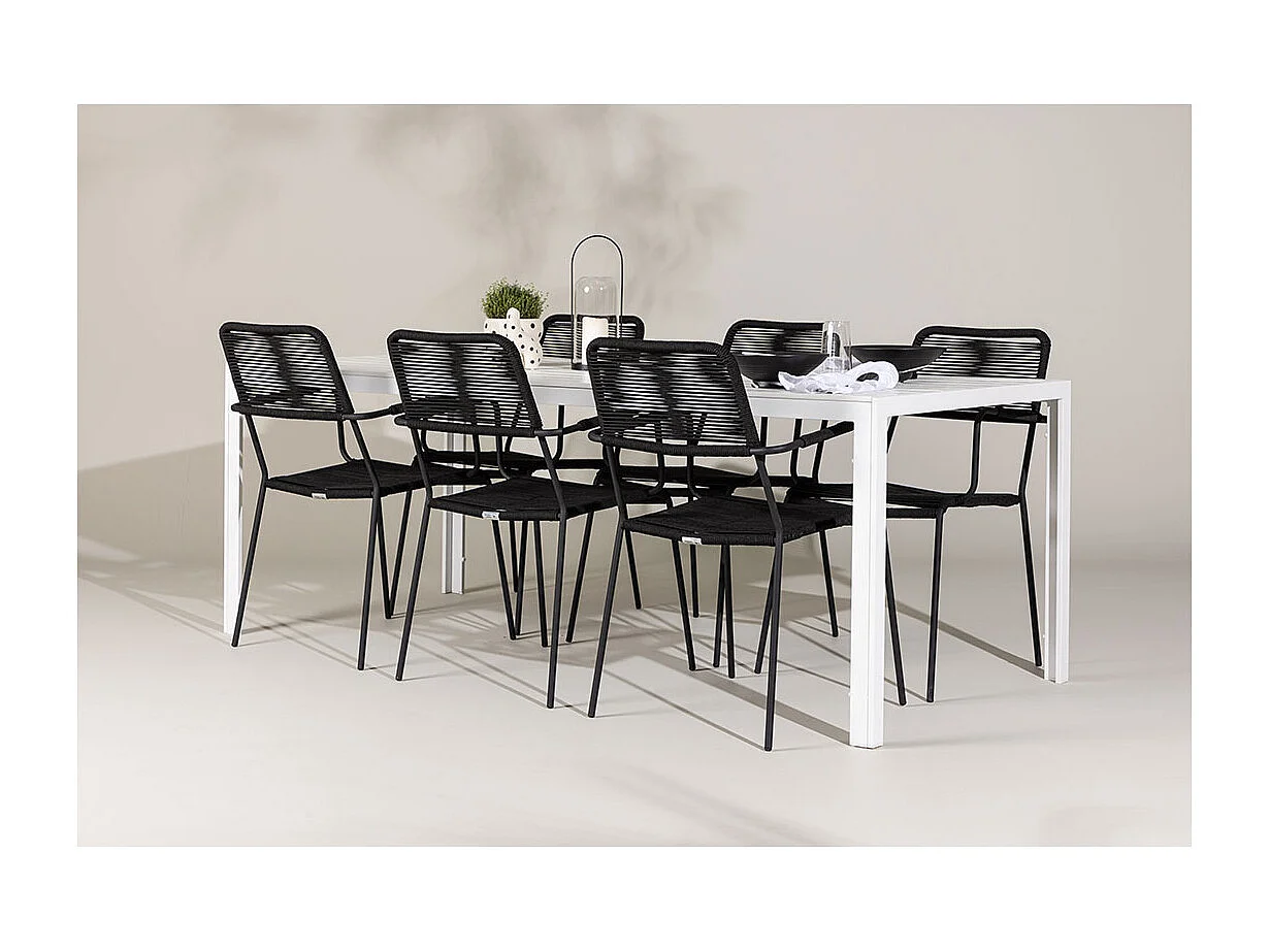 Break set de jardin table 90x205cm blanc, 6 chaises noires.