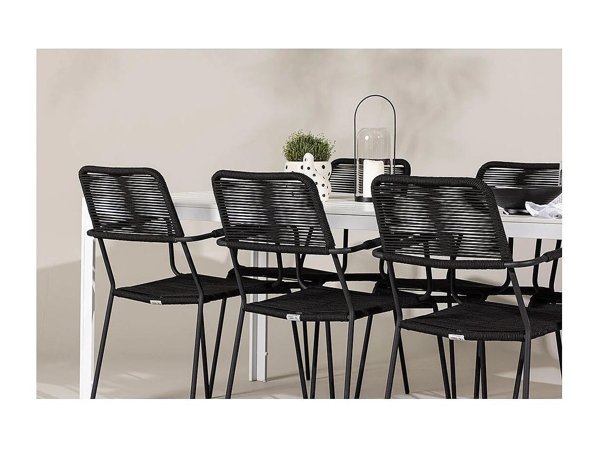 Break set de jardin table 90x205cm blanc, 6 chaises noires.