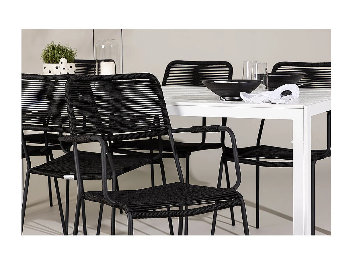 Break set de jardin table 90x205cm blanc, 6 chaises noires.