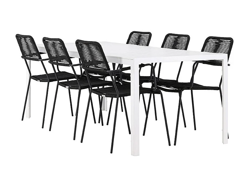 Break set de jardin table 90x205cm blanc, 6 chaises noires.