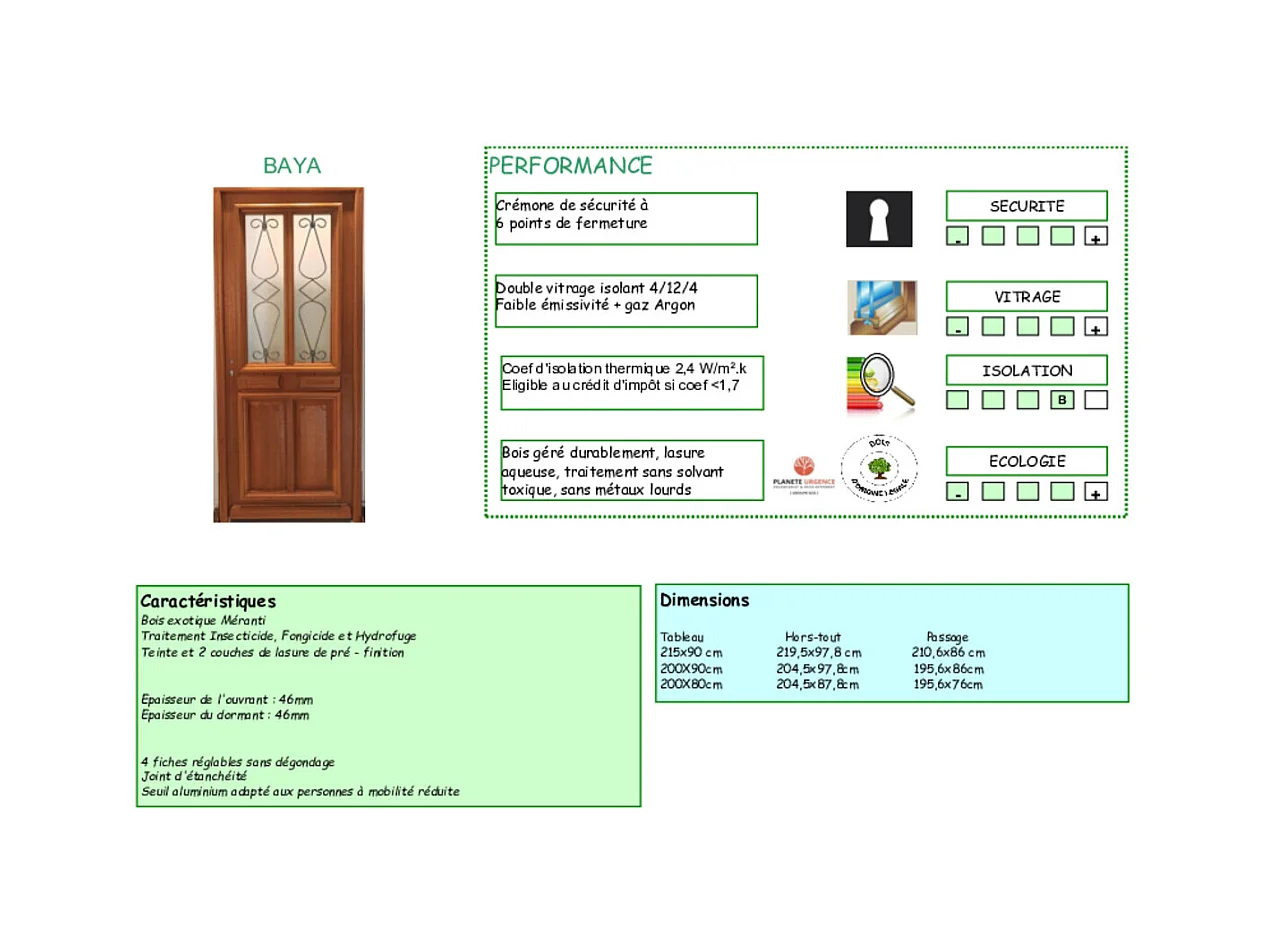 Porte d'entree Bois vitree, Baya, H,200xl,80  p, gauche Cotes Tableau