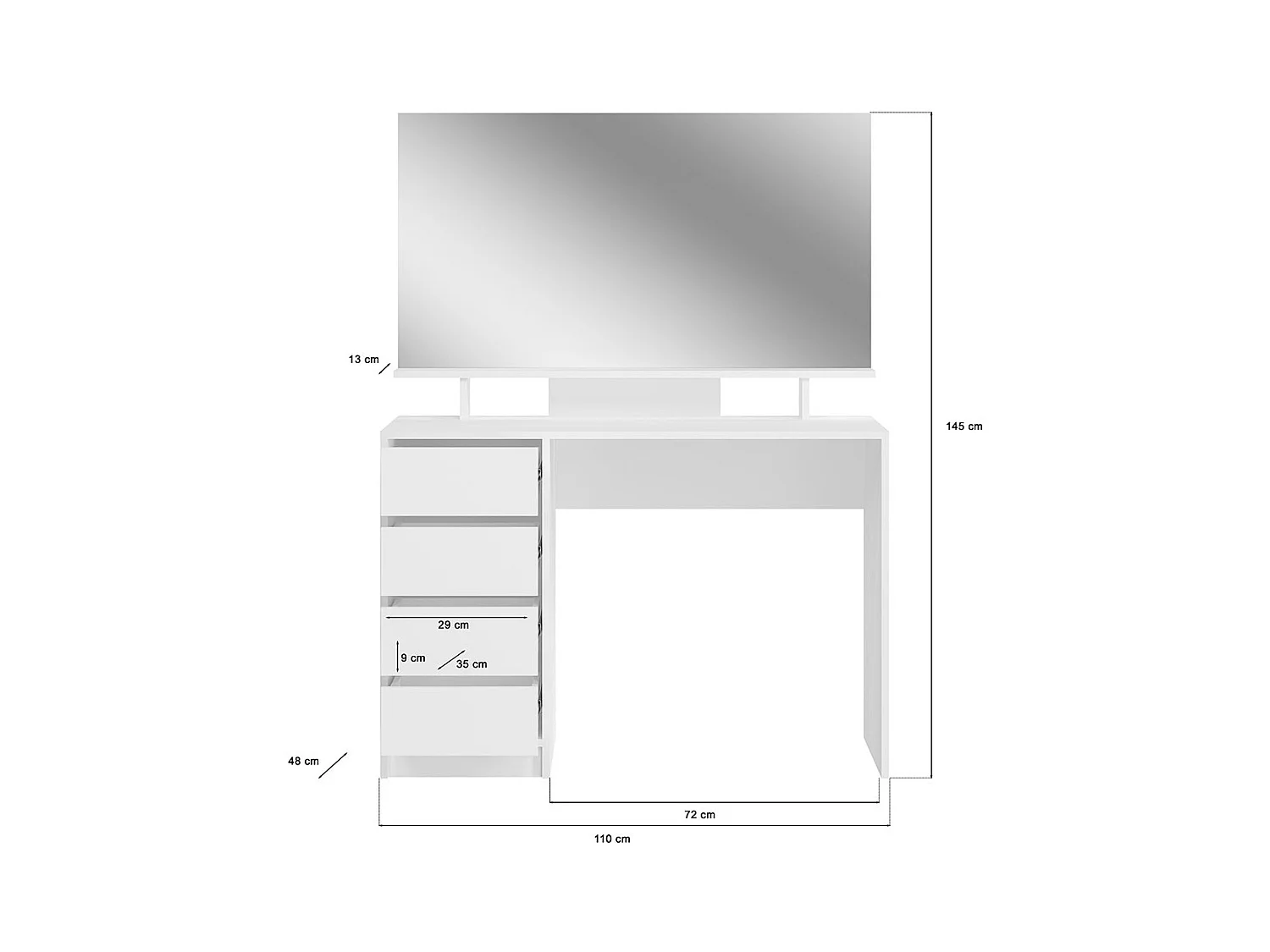 Emma console 4 tiroirs 1 étagère, avec miroir blanc brillant.