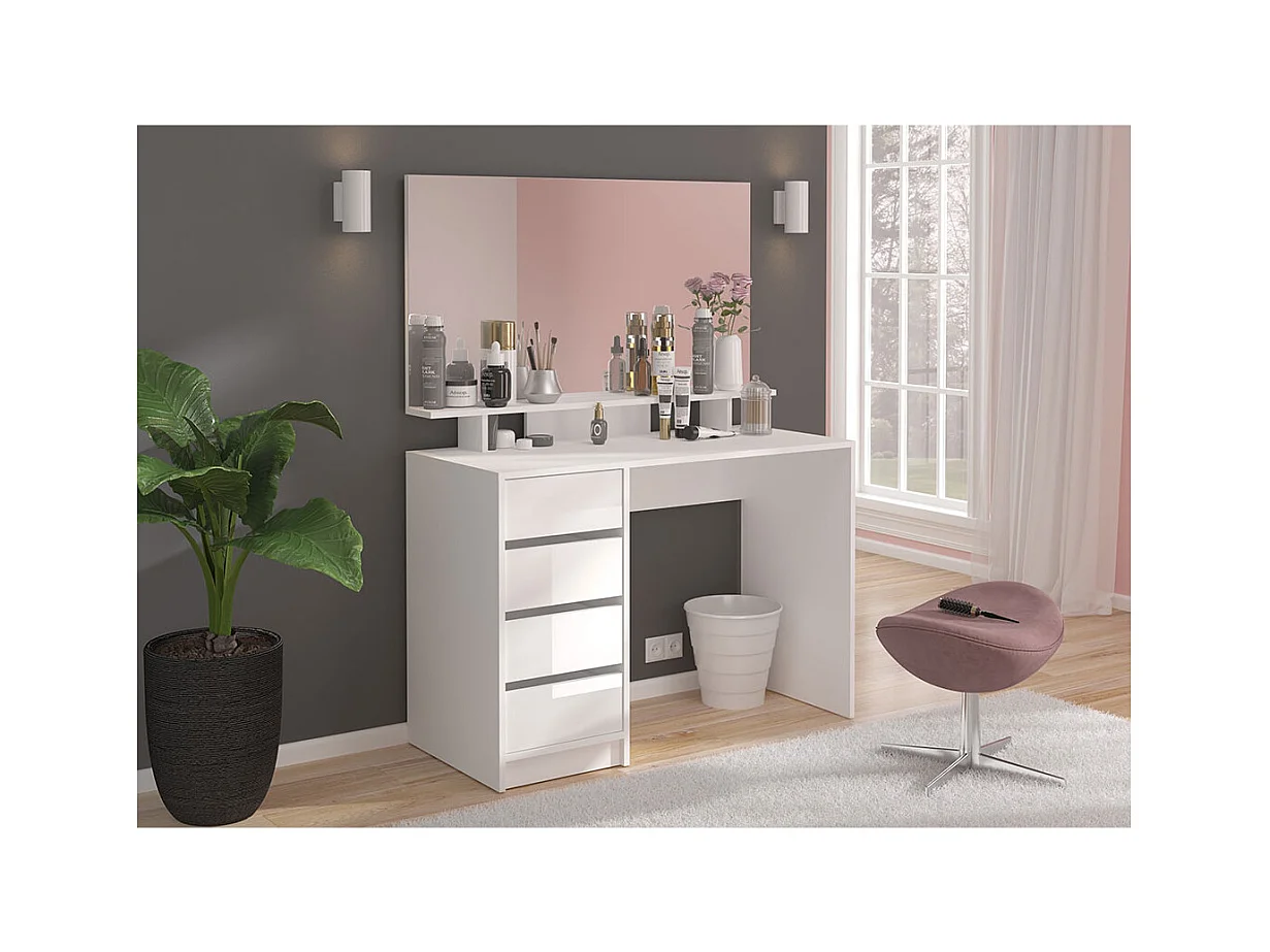 Emma console 4 tiroirs 1 étagère, avec miroir blanc brillant.